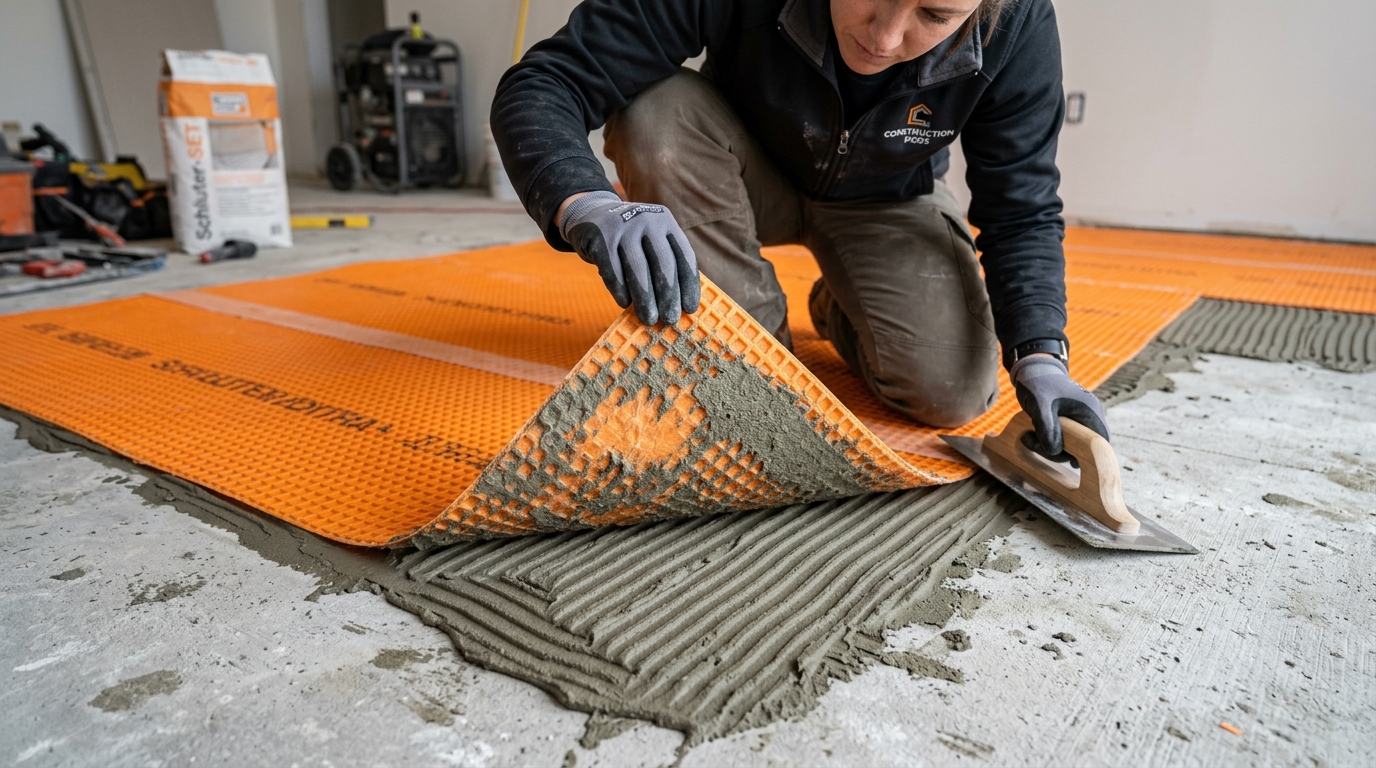 Installer embedding uncoupling membrane fleece into thinset mortar